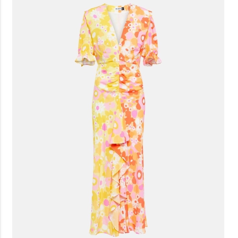 RIXO Yellow Pink Orange Floral Wrap Midi Dress